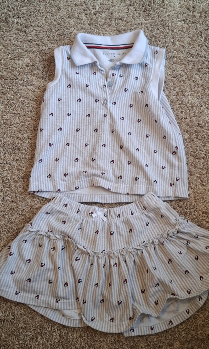 Tommy Hilfiger White & Light Gray Striped Polo Tee with Pink Accent Dots